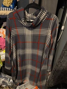 Plaid Cowl Neck Women's Sweater Tunic Dress Navy with Red & Cream Medium